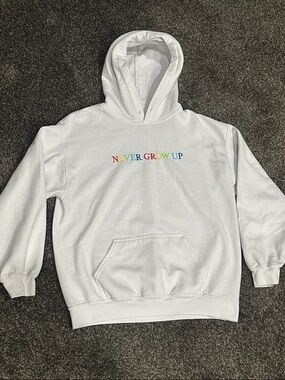 White 'Never Grow Up' Embroidered Hoodie - Baylen Levine size M
